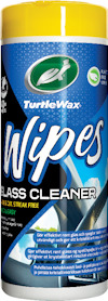 Rengöringsservetter för glas, Turtle Wax Wipes, i en cylindrisk förpackning med gul lock och blå etikett.