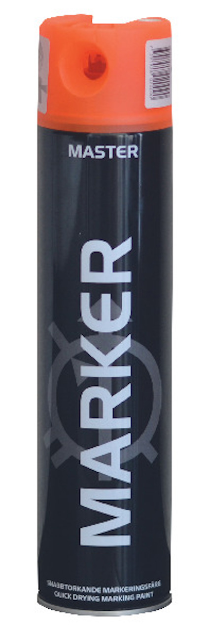Sprayburk med texten "MARKER" i vitt på svart bakgrund och orange lock.