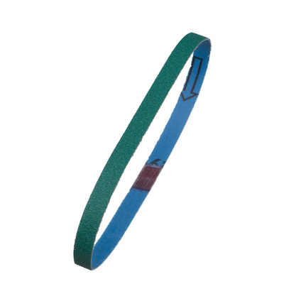 Grönt slipband format som en sluten slinga med tryckta pilar på den blå insidan.