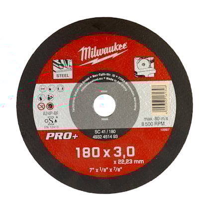 Rund kapskiva från Milwaukee med röd och svart design, texten "PRO+ 180 x 3.0 mm", symboler och märkning inklusive varumärkeslogo.