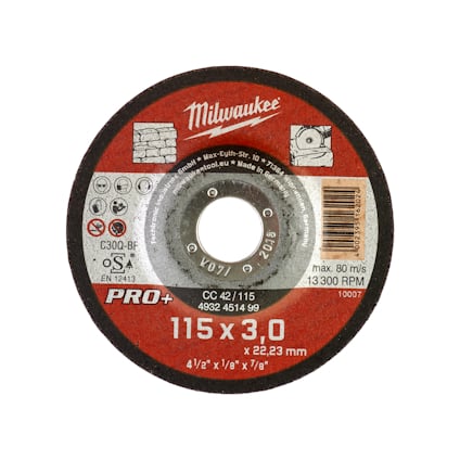 Röd och svart kapskiva med text märkt "Milwaukee PRO+, 115 x 3,0" och symboler på ytan.