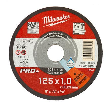Rund kapskiva med text och logotyper. Märkning inkluderar "Milwaukee", "125 x 1,0" samt flera symboler och garantitext.