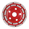 Röd slipkopp med silverfärgade segment och flera hål i mitten, används för slipning.