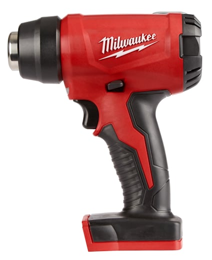 Röd och svart sladdlös varmluftspistol med handtag och munstycke, märkt "Milwaukee".