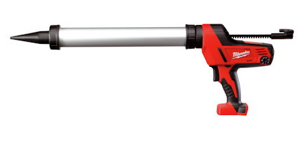 Fogpistol i röd och svart med en lång silverfärgad cylinder och svart spets.