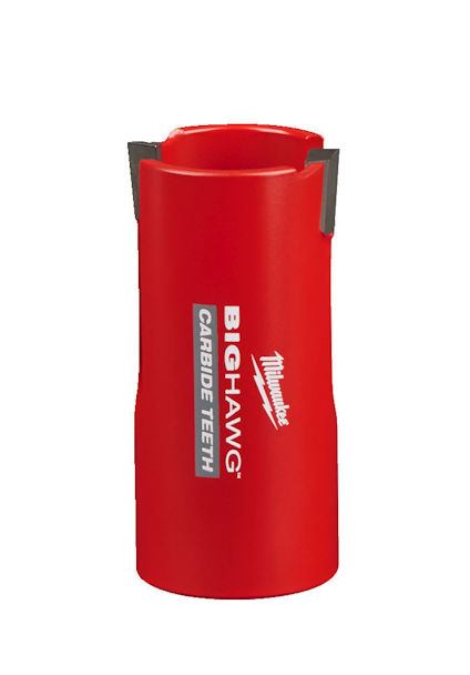 Röd cylindrisk hålsåg med texten "BIG HAWG CARBIDE TEETH" och en logotyp.