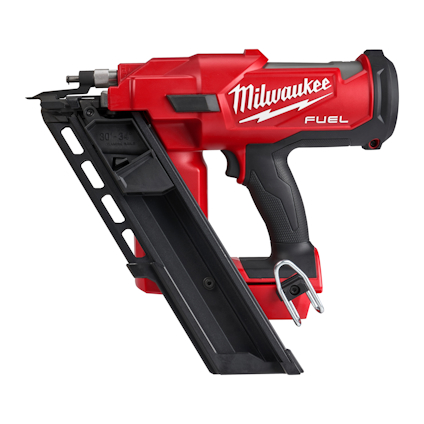 Röd och svart spikpistol med texten "Milwaukee Fuel" på sidan.