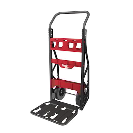 Svart och röd transportkärra med hjul och utfällbar plattform.