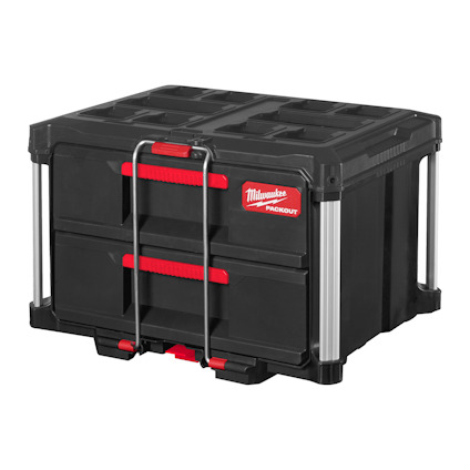 Svart förvaringsbox med två röda lådor och handtag, märkt med "Milwaukee Packout".
