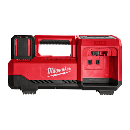 Röd Milwaukee kompressor med handtag, ventilkopplingar och märke på sidan.