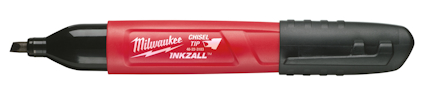 Röd och svart markeringspenna med texten "Milwaukee Chisel Tip INKZALL".