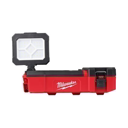 Röd och svart arbetslampa från Milwaukee med LED-ljuspanel och bärhandtag.