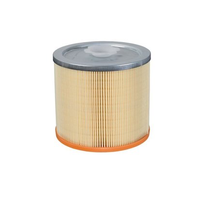 Cylindriskt dammsugarfilter med veckat pappersmaterial, metallöverdel och orange bottenbas.