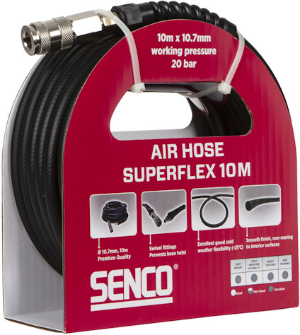 10m Air Hose Superflex från Senco, arbetstryck 20 bar. Robust design med svängbara kopplingar och bra kylelasticitetsvärde.