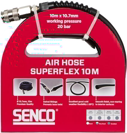 Röd förpackning för Senco Air Hose Superflex 10M med produktinformation och specifikationer.