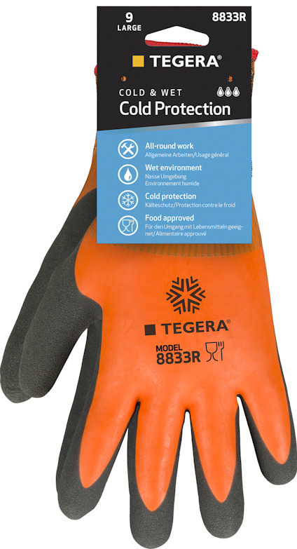Orange syntetdoppad handske med svart grepp och blå etikett med texten "COLD & WET Cold Protection" och modellen "TEGERA 8833R".