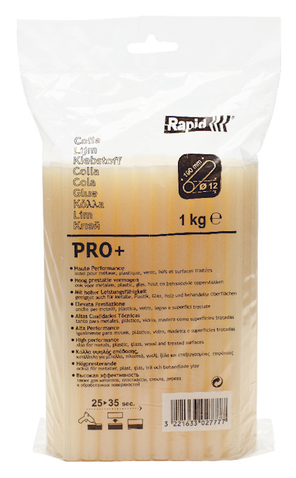 Förpackning med limstift Rapid PRO+, 1 kg, transparenta stift i plastpåse med text på flera språk samt företagslogotyp.