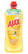 Allrengöringsmedel Ajax Lemon i genomskinlig gul flaska med rött lock och etikett med citron.