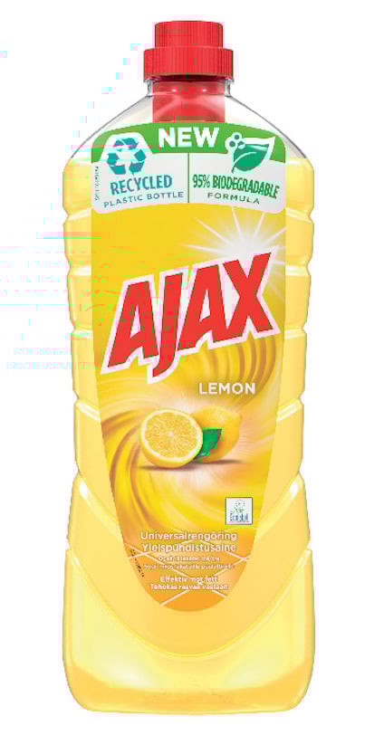 Allrengöringsmedel Ajax Lemon i genomskinlig gul flaska med rött lock och etikett med citron.