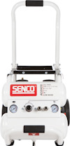 Luftkompressor Senco AC24016 med handtag och hjul, vit med röda detaljer och kontrollpanel framtill.