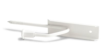 Vit metallkonsol med rundad arm och skruv på en rektangulär bas med hål för montering.