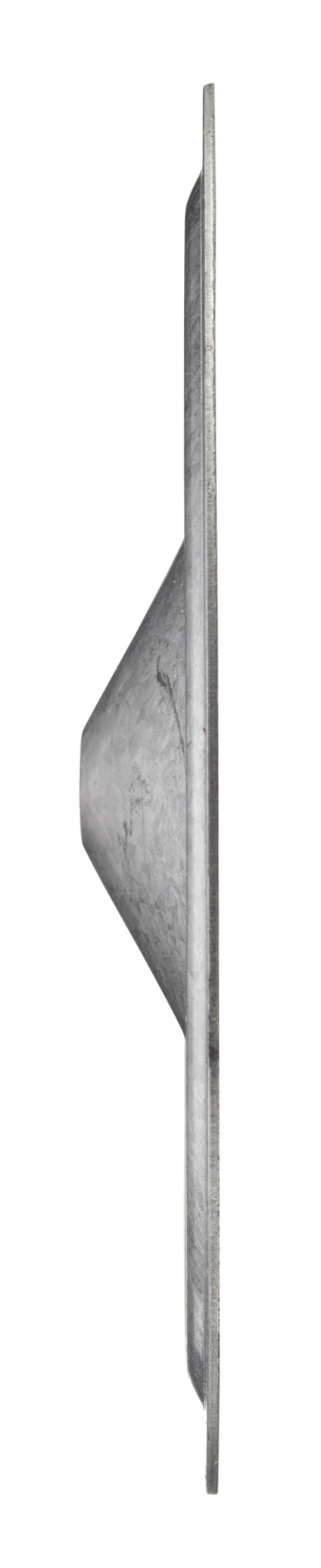 Cirkulär platt metallbricka med konvex mittparti, sedd från sidan.