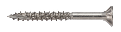 Metallskruv med försänkt huvud och vassa gängor, avsedd för träarbete.