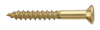 Mässingsfärgad träskskruv med försänkt huvud och spiralformad gänga, ligger horisontellt mot vit bakgrund.