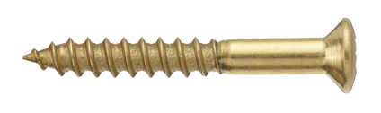 Mässingsfärgad träskskruv med försänkt huvud och spiralformad gänga, ligger horisontellt mot vit bakgrund.