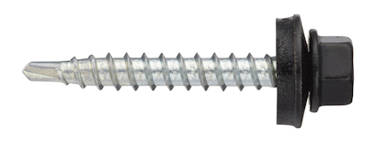 Metallskruv med sexkantigt huvud och svart bricka, avsedd för användning i trä.