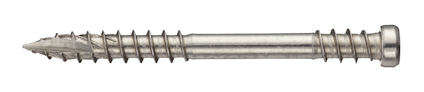 Stålskruv med vass spets och gängad del, avsedd för träbearbetning, isolerad mot rost och korrosion.