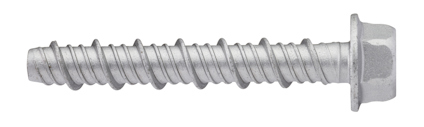 Metallisk betongskruv med gängad cylindrisk kropp och sexkantigt huvud.