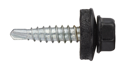 Svart skruv med metallgänga och sexkantigt huvud, gummitätning.