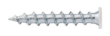 Metallskruv med vit skalle och spiralformad gänga, liggande horisontellt på en vit bakgrund.