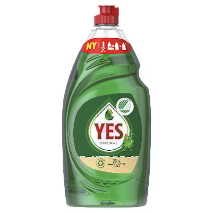 Diskmedelsflaska med grön vätska, etikett med texten "YES Original". Röd kork, grafik av droppar och återvinningssymboler.