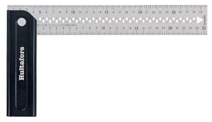Vinkelhake med svart handtag och metallblad, märkning upp till 25 cm. Texten "Hultafors" synlig på handtaget.