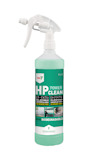 Sprayflaska med grön etikett märkt "HP POWER CLEAN". Etiketten innehåller text om effektivitet och nedbrytbarhet.