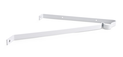 Vit hyllkonsol i metall med vinklad design och hål för montering.