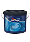 Färgbehållare med etikett: "Nordsjö Våtrumsfärg". Etikett har en blå och turkos design med vattenstänk.