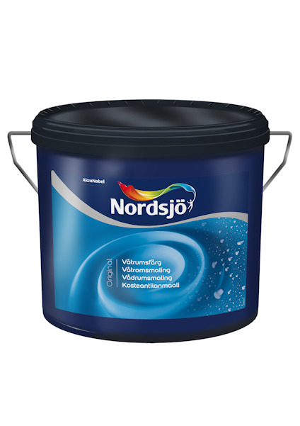 Färgbehållare med etikett: "Nordsjö Våtrumsfärg". Etikett har en blå och turkos design med vattenstänk.