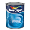 Blå burk med text "Nordsjö", "Våtrumsfärg" och fler språkversioner, samt ett flerfärgat penseldragsmotiv.