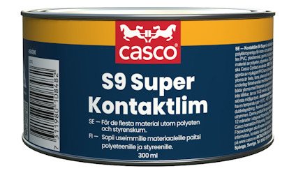 Rund konservburk med blå etikett och vit text, märkt "casco S9 Super Kontaktlim". Innehållsbeskrivning på sidan.