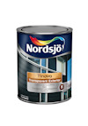 Färgburk märkt "Nordsjö Tinova Transparent Exterior" med bild av en modern byggnad.