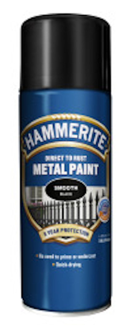 Sprayburk med Hammerite Metal Paint, blå etikett och svart lock.