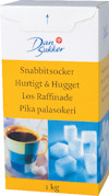 Förpackning för Dansukker Snabbitsocker 1 kg, med bild på kaffekopp och sockerbitar samt text på flera språk.