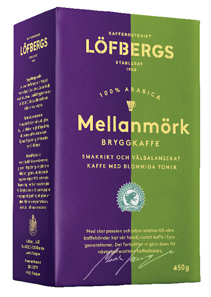 Förpackning av Löfbergs Mellanmörk bryggkaffe 450g med lila och grönt tryck samt certifieringsmärke.