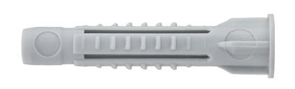 Grå universalplugg med ribbad yta och konisk ände, liggande horisontellt.