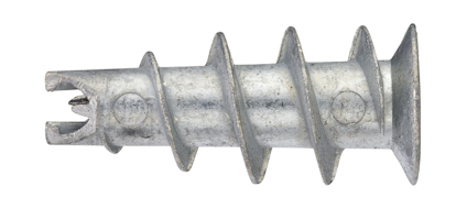Metallplugg med spiralformad design och platt huvud, avsedd för montering i gipsskivor.
