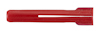 Röd plastplugg med en slits längs sidan, liggande horisontellt mot en vit bakgrund.