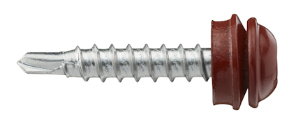 Metallskruv med mörkröd skalle och skärande spets.
